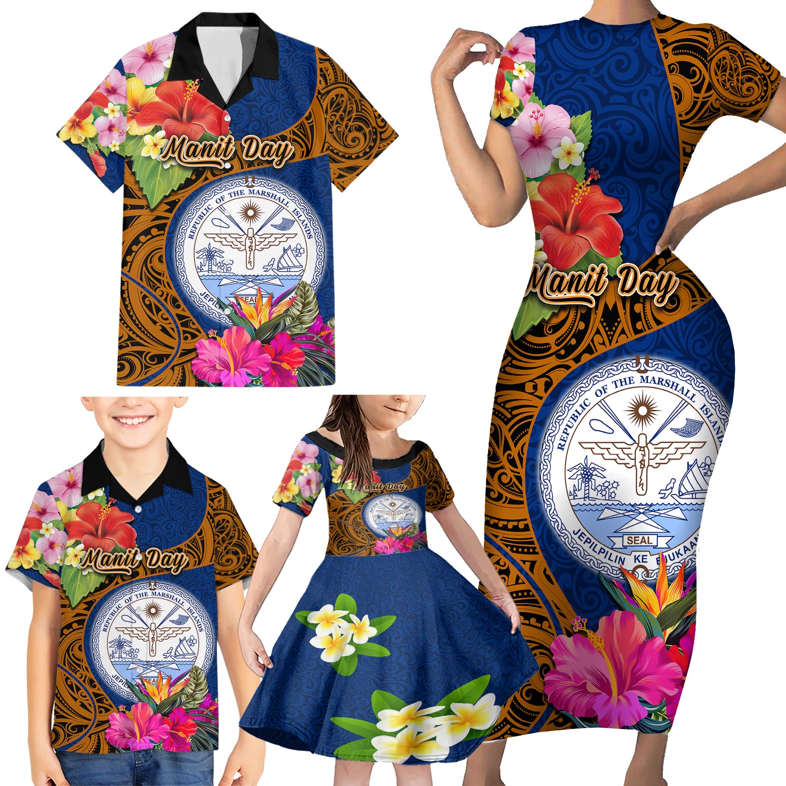 personalised-marshall-islands-manit-day-family-matching-short-sleeve-bodycon-dress-and-hawaiian-shirt-marshall-seal-mix-hibiscus-flower-maori-pattern-style