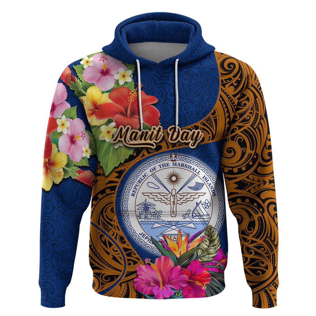 Personalised Marshall Islands Manit Day Hoodie Marshall Seal Mix Hibiscus Flower Maori Pattern Style LT03 Blue - Polynesian Pride