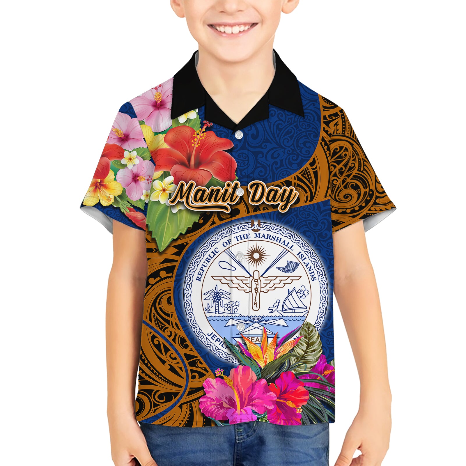 personalised-marshall-islands-manit-day-kid-hawaiian-shirt-marshall-seal-mix-hibiscus-flower-maori-pattern-style