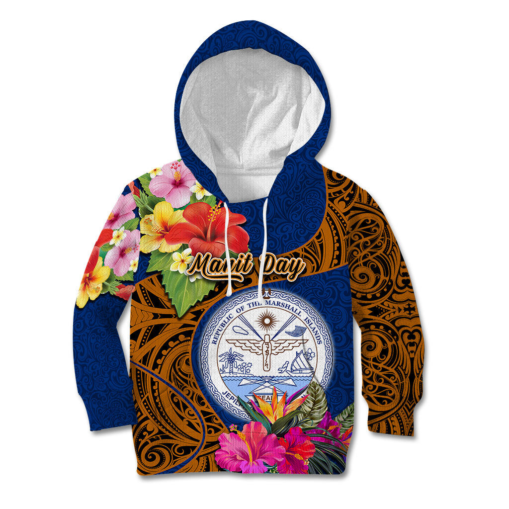 Personalised Marshall Islands Manit Day Kid Hoodie Marshall Seal Mix Hibiscus Flower Maori Pattern Style LT03 Hoodie Blue - Polynesian Pride