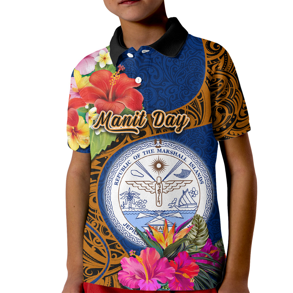 Personalised Marshall Islands Manit Day Kid Polo Shirt Marshall Seal Mix Hibiscus Flower Maori Pattern Style LT03 Kid Blue - Polynesian Pride
