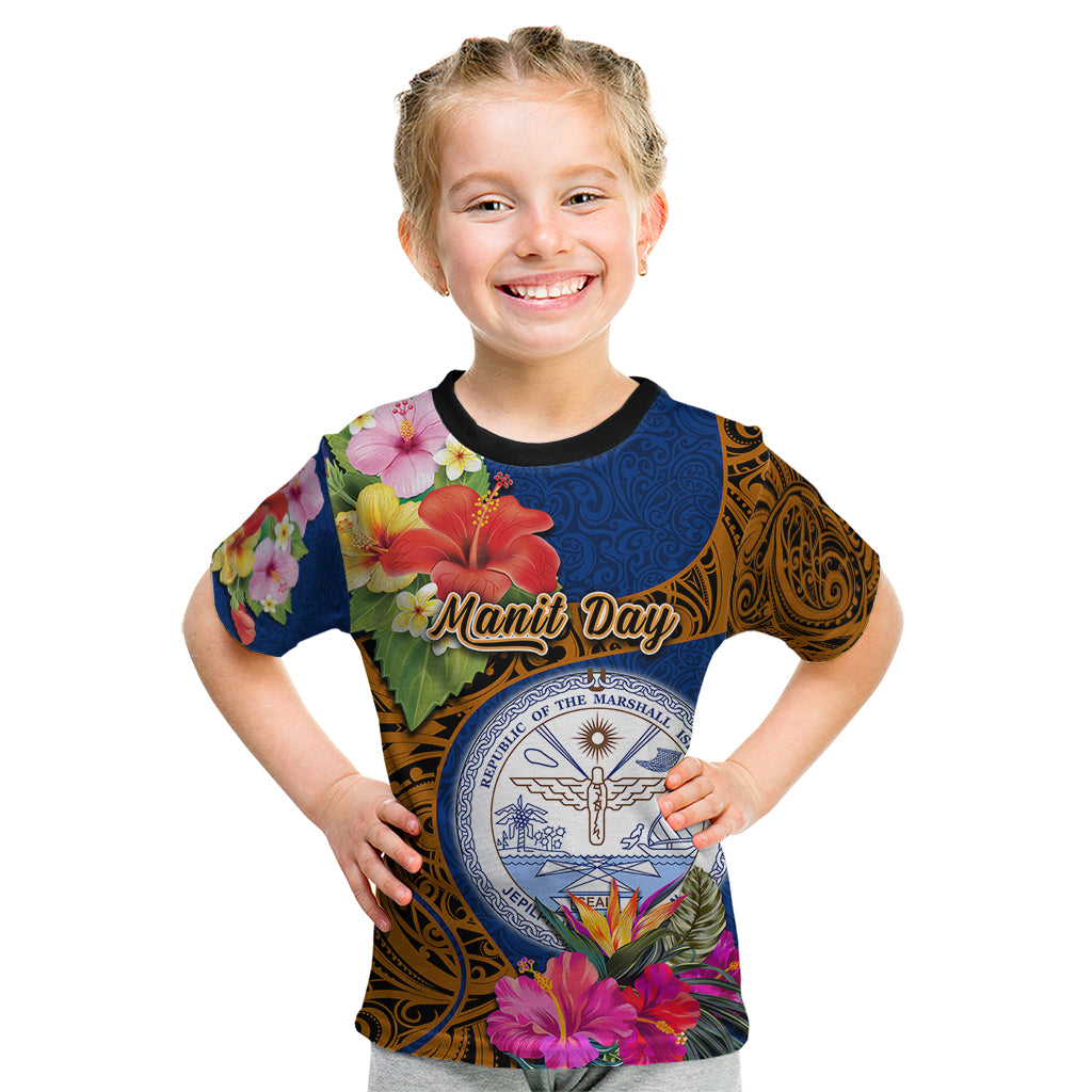 Personalised Marshall Islands Manit Day Kid T Shirt Marshall Seal Mix Hibiscus Flower Maori Pattern Style LT03 Blue - Polynesian Pride
