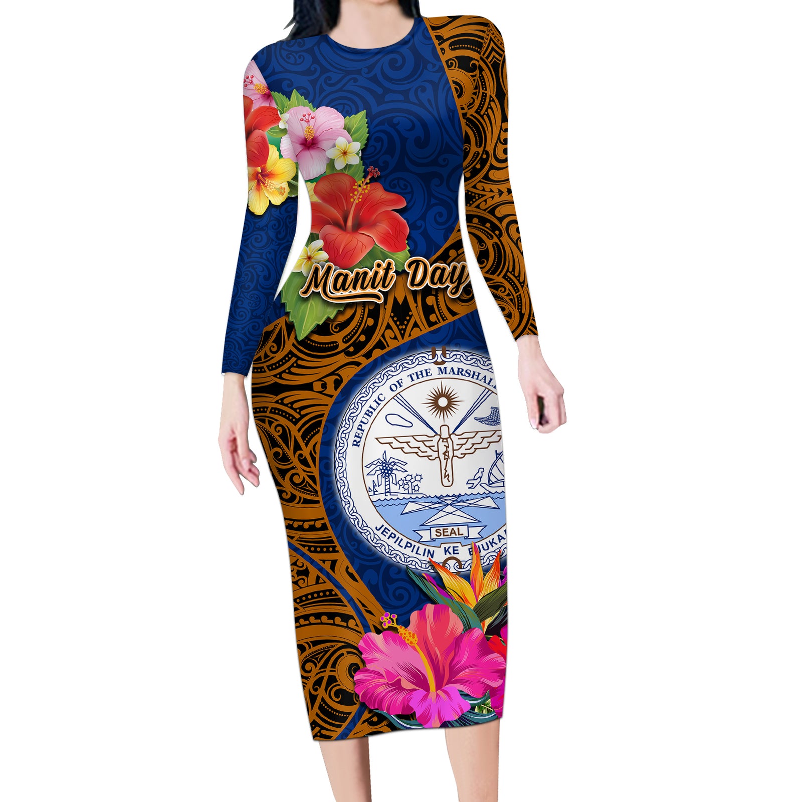 Personalised Marshall Islands Manit Day Long Sleeve Bodycon Dress Marshall Seal Mix Hibiscus Flower Maori Pattern Style LT03 Long Dress Blue - Polynesian Pride