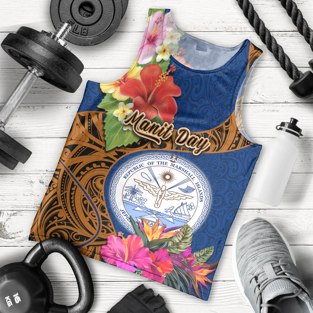 Personalised Marshall Islands Manit Day Men Tank Top Marshall Seal Mix Hibiscus Flower Maori Pattern Style LT03 Blue - Polynesian Pride