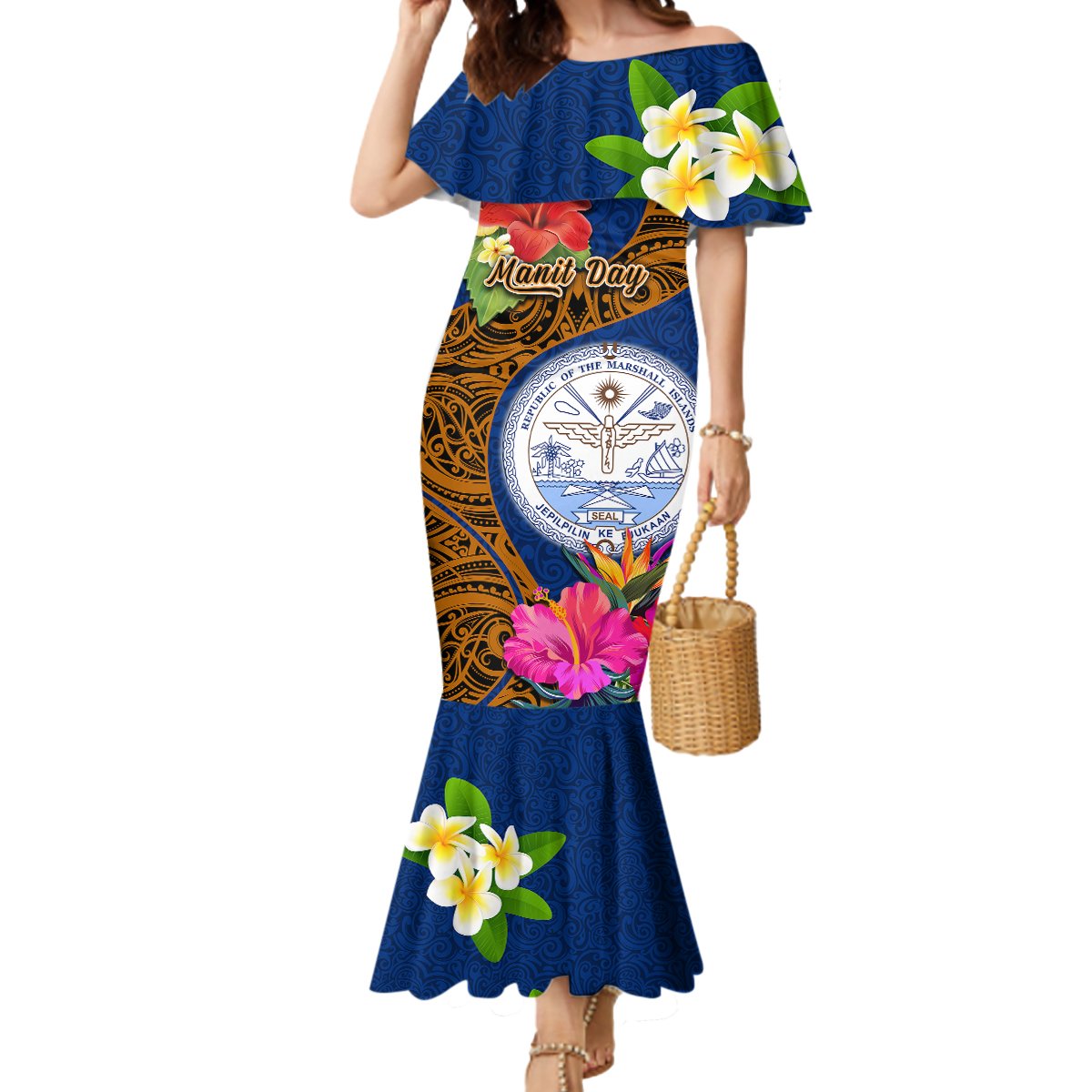 Personalised Marshall Islands Manit Day Mermaid Dress Marshall Seal Mix Hibiscus Flower Maori Pattern Style LT03 Women Blue - Polynesian Pride