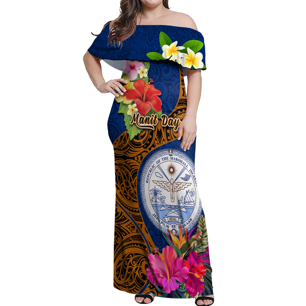 Personalised Marshall Islands Manit Day Off Shoulder Maxi Dress Marshall Seal Mix Hibiscus Flower Maori Pattern Style LT03 Women Blue - Polynesian Pride