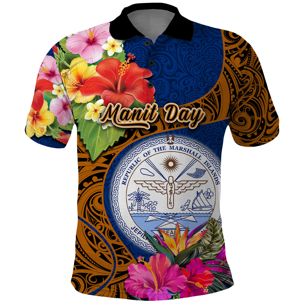 Personalised Marshall Islands Manit Day Polo Shirt Marshall Seal Mix Hibiscus Flower Maori Pattern Style LT03 Blue - Polynesian Pride