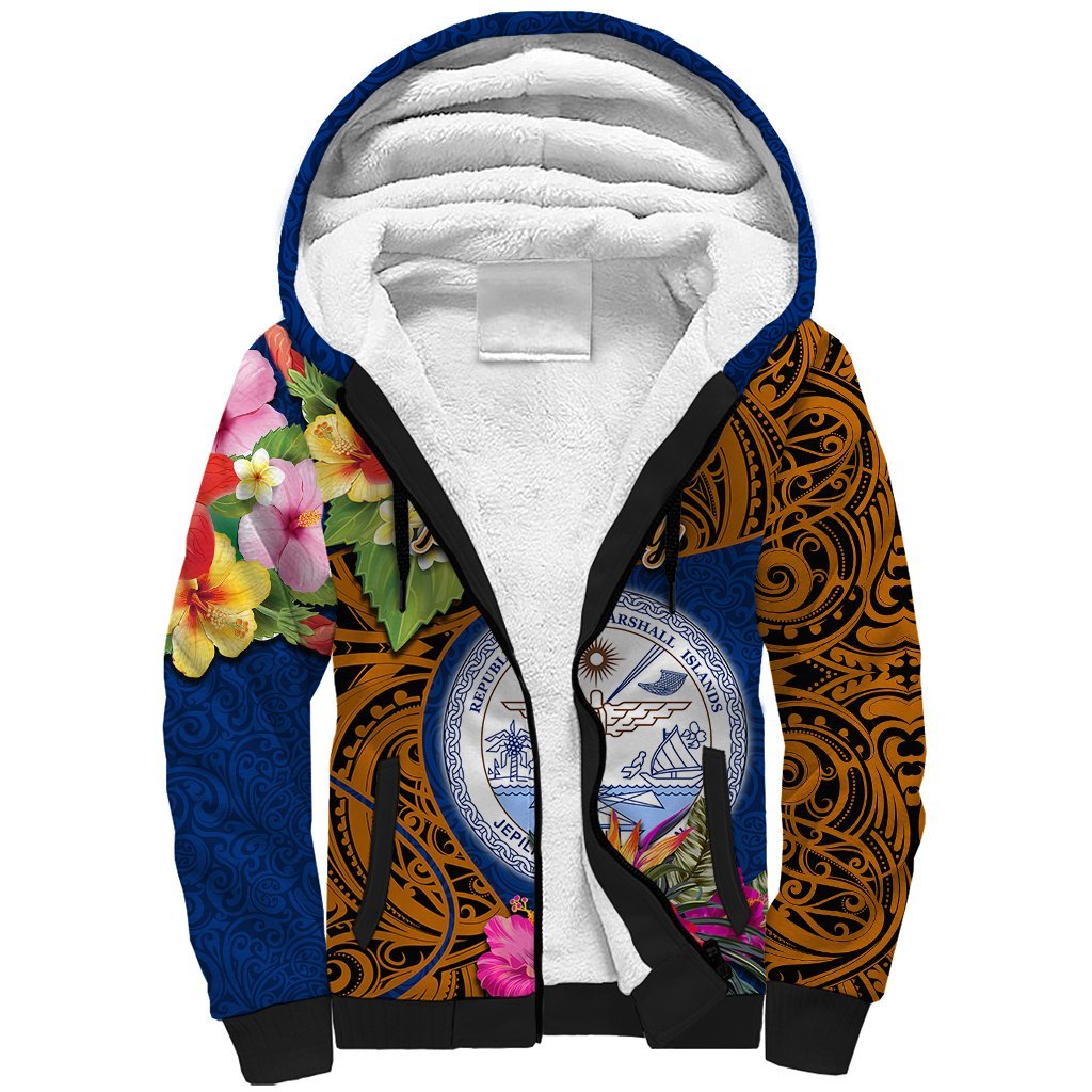 Personalised Marshall Islands Manit Day Sherpa Hoodie Marshall Seal Mix Hibiscus Flower Maori Pattern Style LT03 Unisex Blue - Polynesian Pride