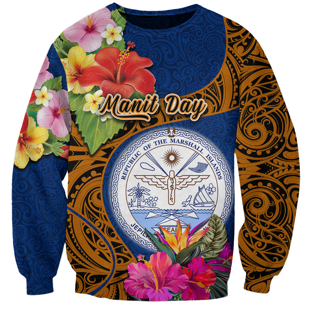 Personalised Marshall Islands Manit Day Sweatshirt Marshall Seal Mix Hibiscus Flower Maori Pattern Style LT03 Unisex Blue - Polynesian Pride