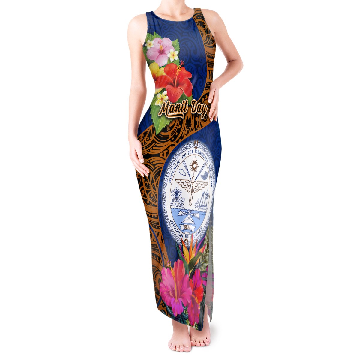 Personalised Marshall Islands Manit Day Tank Maxi Dress Marshall Seal Mix Hibiscus Flower Maori Pattern Style LT03 Women Blue - Polynesian Pride