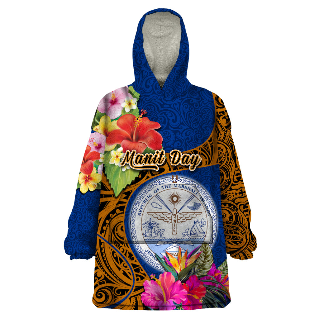 Personalised Marshall Islands Manit Day Wearable Blanket Hoodie Marshall Seal Mix Hibiscus Flower Maori Pattern Style LT03 One Size Blue - Polynesian Pride