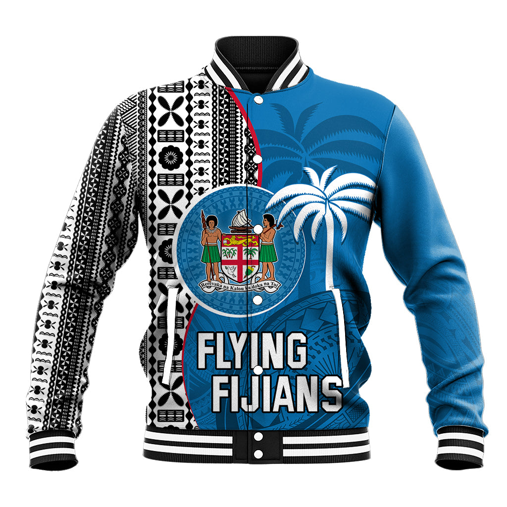 Fiji Rugby Baseball Jacket Coat of Arms Palm Tree Mix Polynesia Tapa Pattern LT03 Unisex Blue - Polynesian Pride