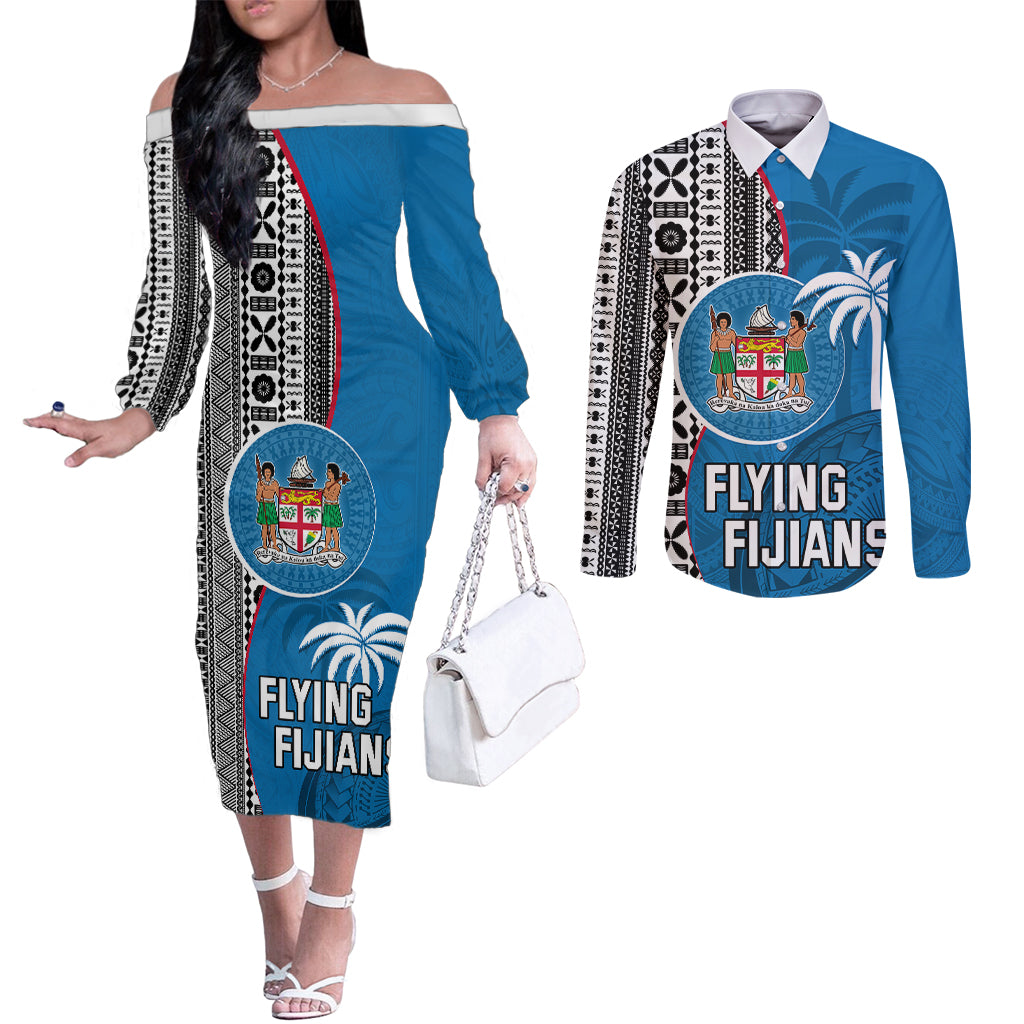 Fiji Rugby Couples Matching Off The Shoulder Long Sleeve Dress and Long Sleeve Button Shirts Coat of Arms Palm Tree Mix Polynesia Tapa Pattern LT03 Blue - Polynesian Pride