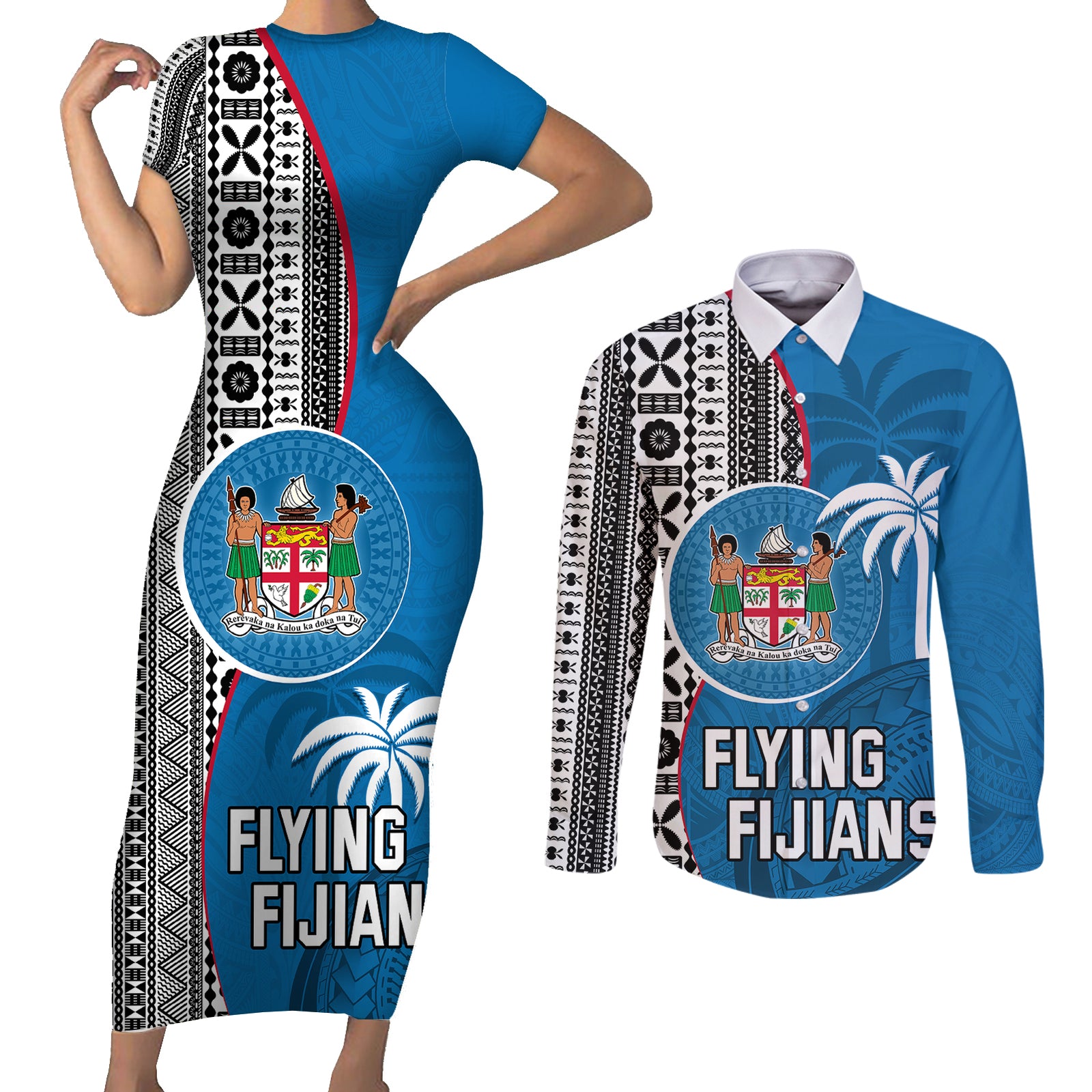 Fiji Rugby Couples Matching Short Sleeve Bodycon Dress and Long Sleeve Button Shirts Coat of Arms Palm Tree Mix Polynesia Tapa Pattern LT03 Blue - Polynesian Pride