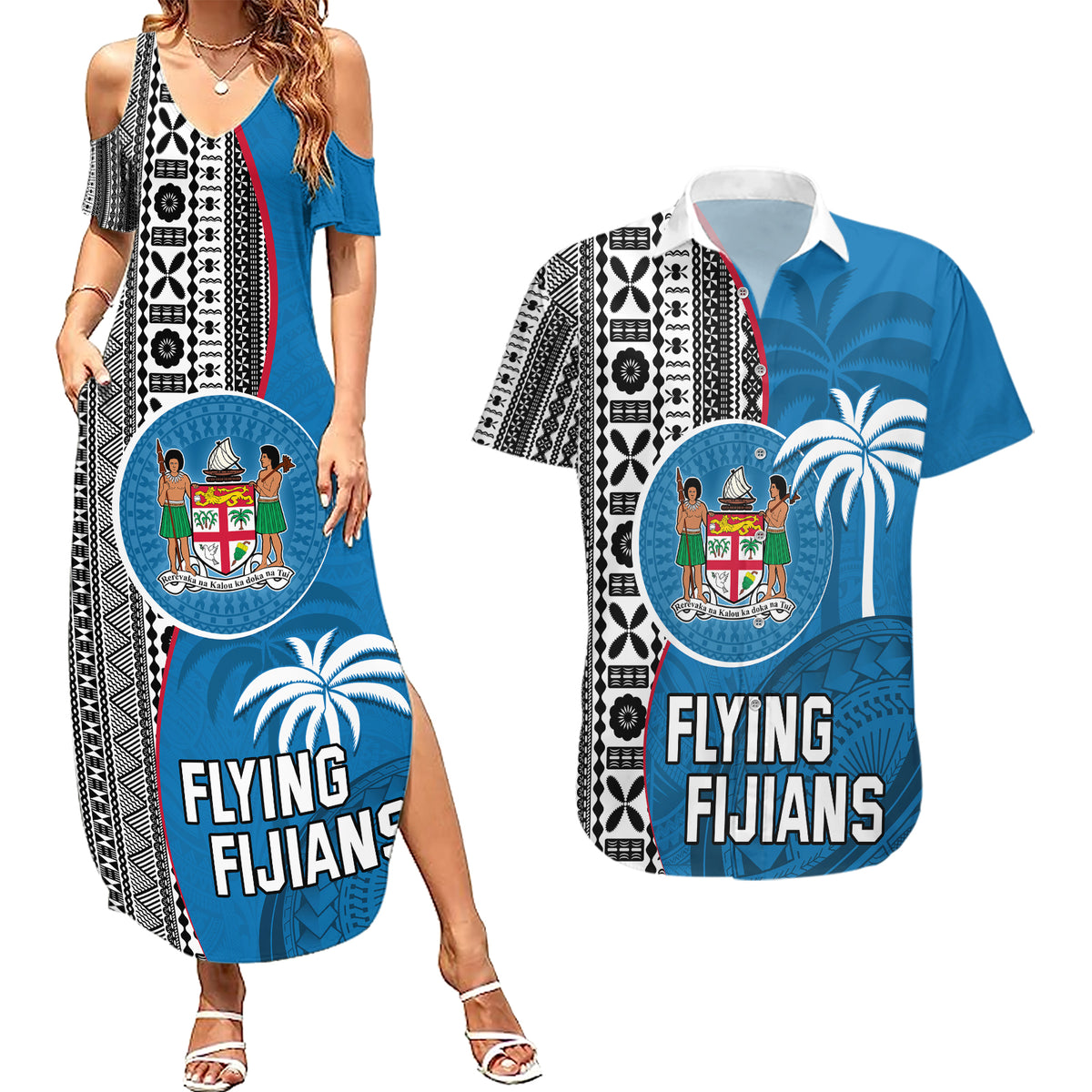 fiji-rugby-couples-matching-summer-maxi-dress-and-hawaiian-shirt-coat-of-arms-palm-tree-mix-polynesia-tapa-pattern