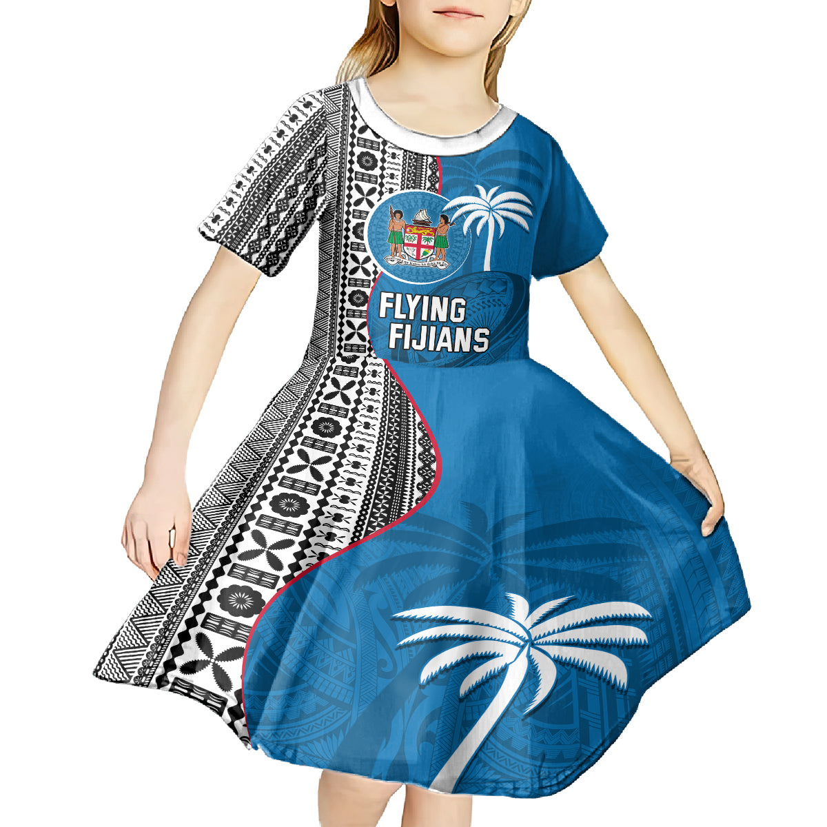 fiji-rugby-kid-short-sleeve-dress-coat-of-arms-palm-tree-mix-polynesia-tapa-pattern