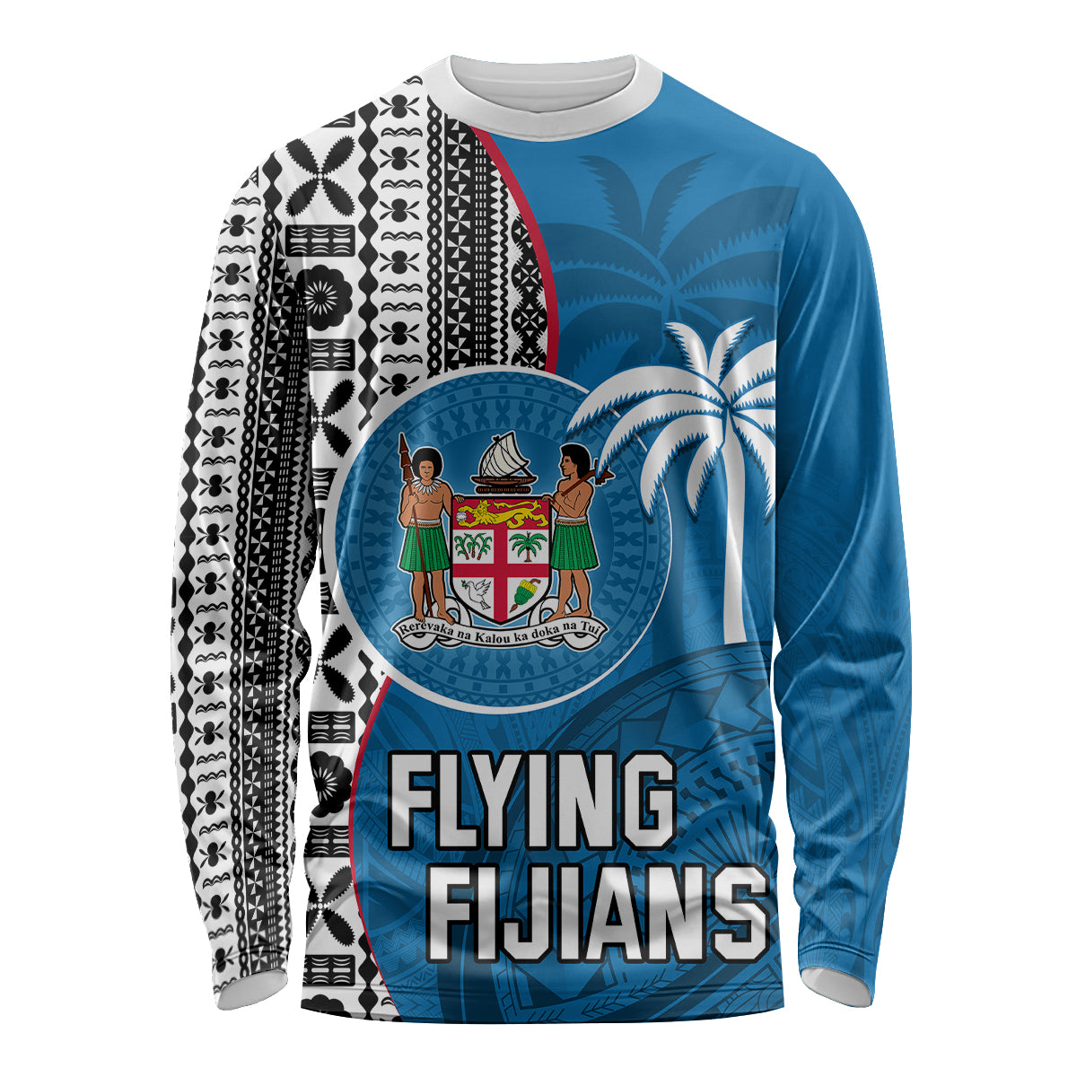 Fiji Rugby Long Sleeve Shirt Coat of Arms Palm Tree Mix Polynesia Tapa Pattern LT03 Unisex Blue - Polynesian Pride