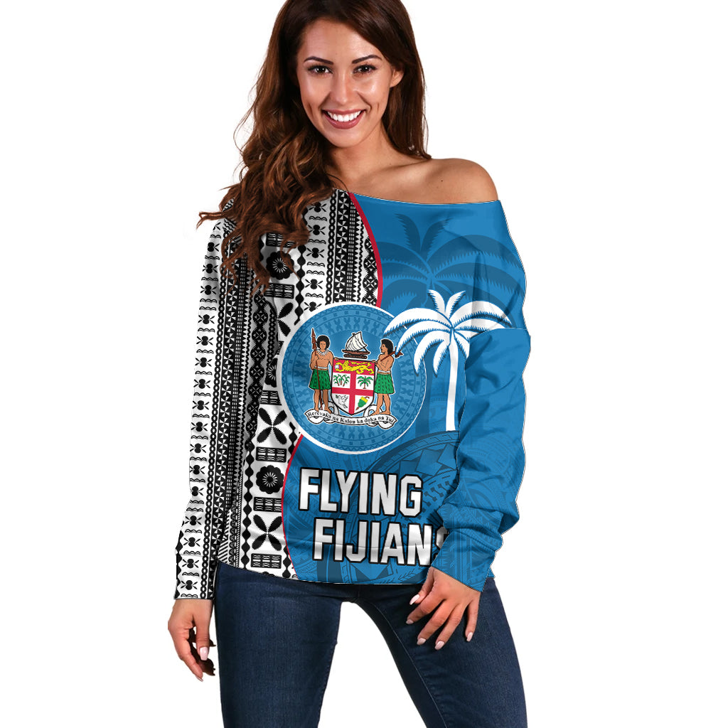 Fiji Rugby Off Shoulder Sweater Coat of Arms Palm Tree Mix Polynesia Tapa Pattern LT03 Women Blue - Polynesian Pride