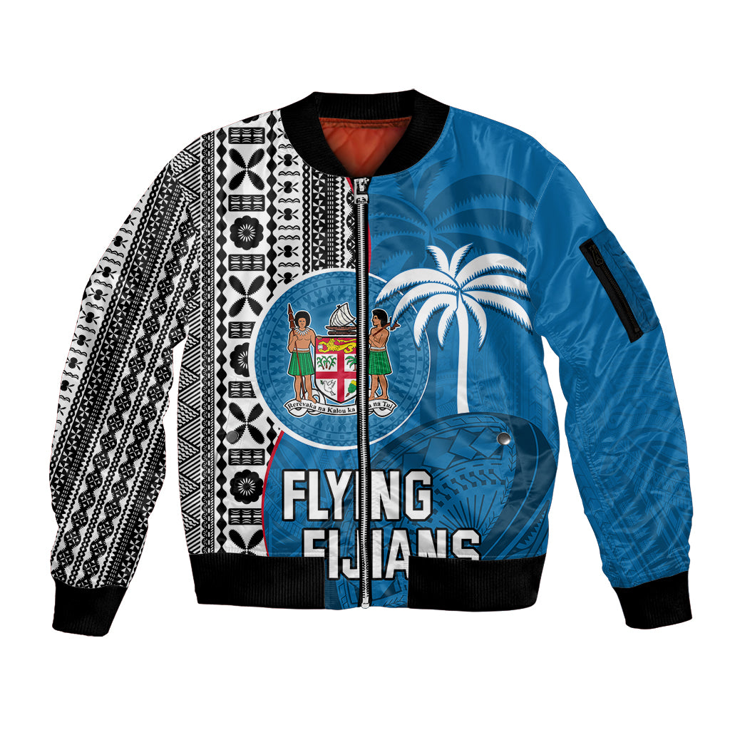 Fiji Rugby Sleeve Zip Bomber Jacket Coat of Arms Palm Tree Mix Polynesia Tapa Pattern LT03 Unisex Blue - Polynesian Pride