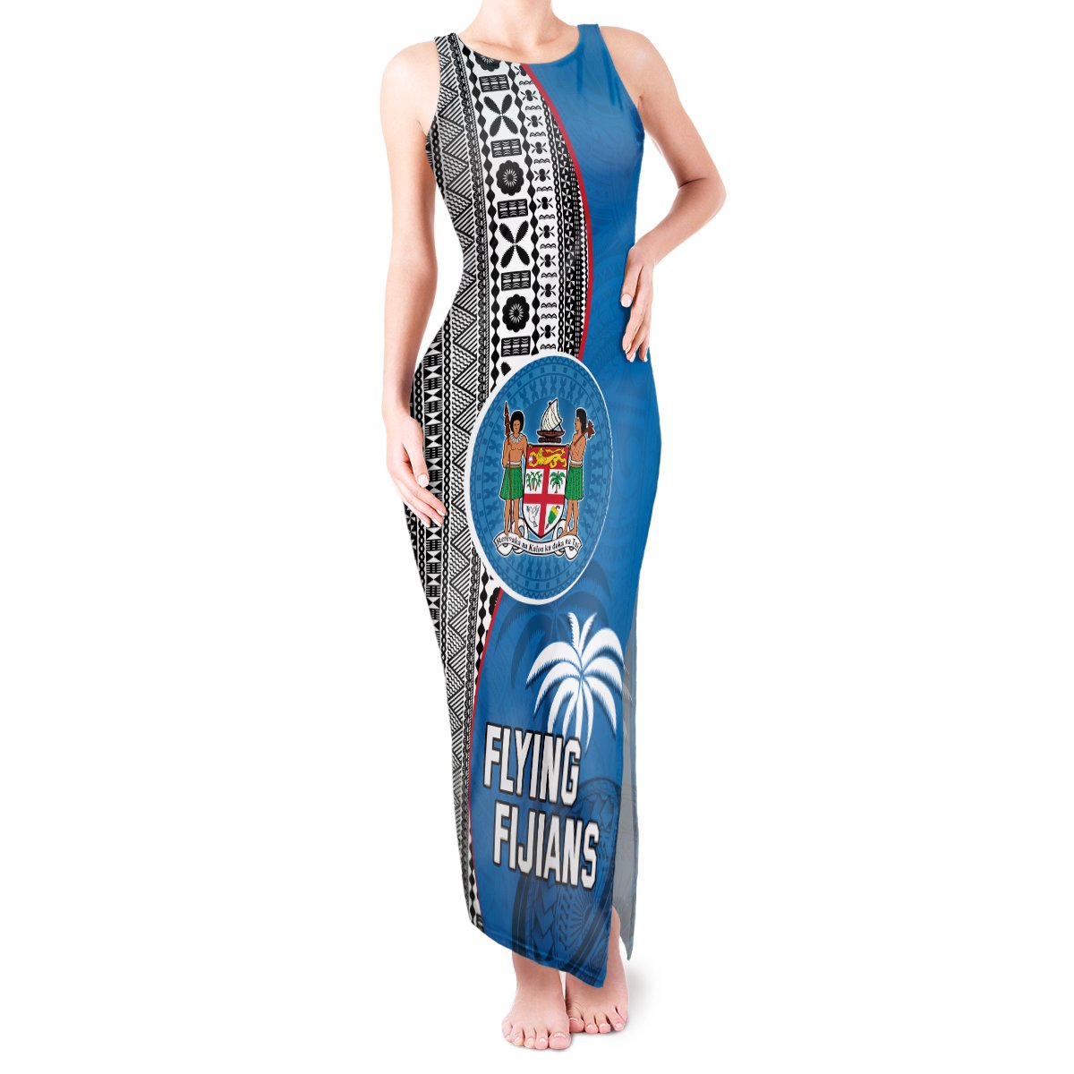 Fiji Rugby Tank Maxi Dress Coat of Arms Palm Tree Mix Polynesia Tapa Pattern LT03 Women Blue - Polynesian Pride