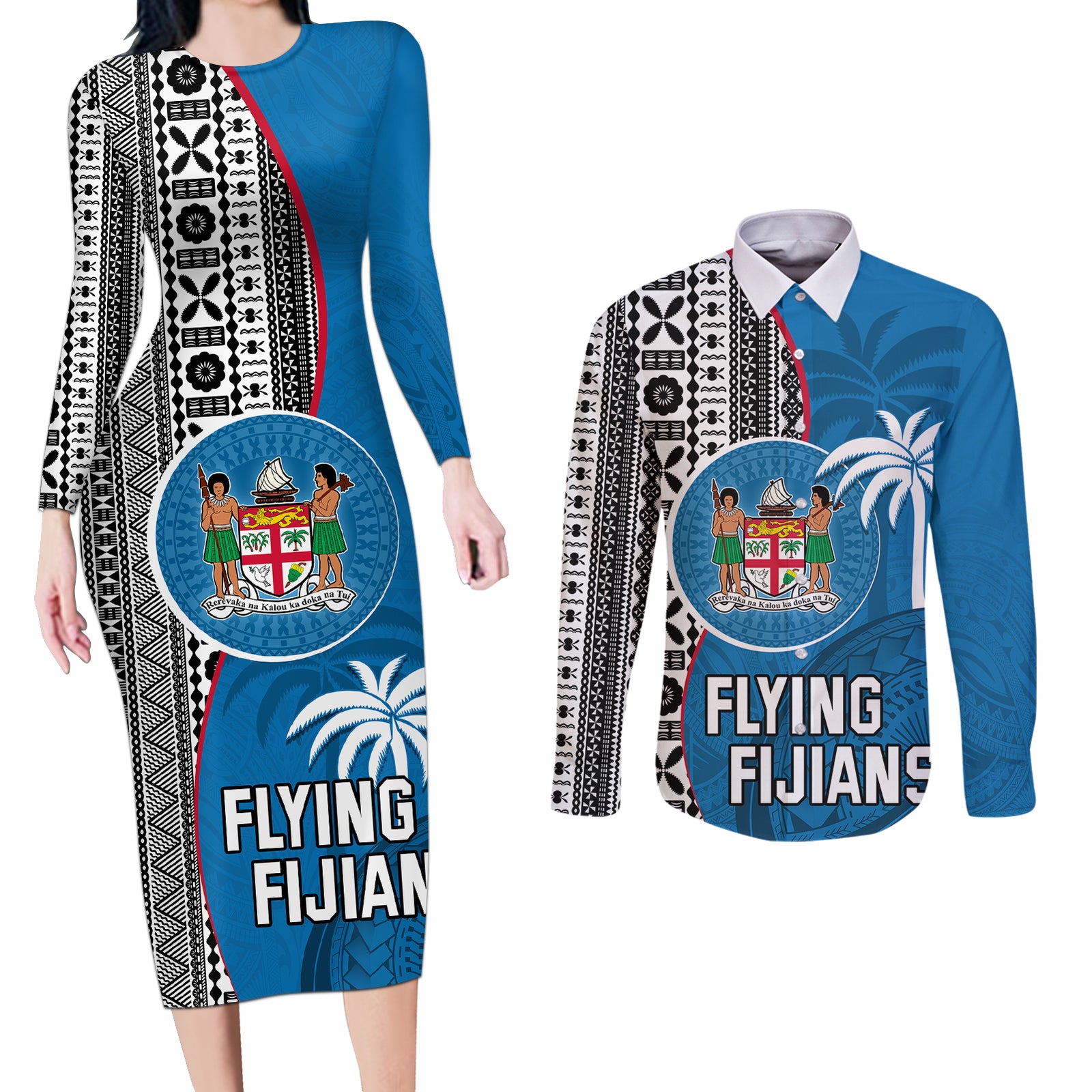 Custom Fiji Rugby Couples Matching Long Sleeve Bodycon Dress and Long Sleeve Button Shirts Coat of Arms Palm Tree Mix Polynesia Tapa Pattern LT03 Blue - Polynesian Pride