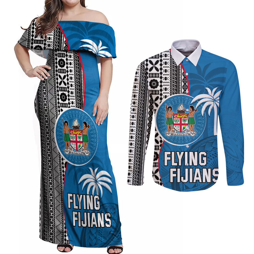 Custom Fiji Rugby Couples Matching Off Shoulder Maxi Dress and Long Sleeve Button Shirts Coat of Arms Palm Tree Mix Polynesia Tapa Pattern LT03 Blue - Polynesian Pride