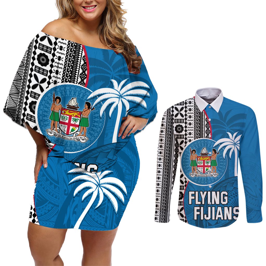 Custom Fiji Rugby Couples Matching Off Shoulder Short Dress and Long Sleeve Button Shirts Coat of Arms Palm Tree Mix Polynesia Tapa Pattern LT03 Blue - Polynesian Pride