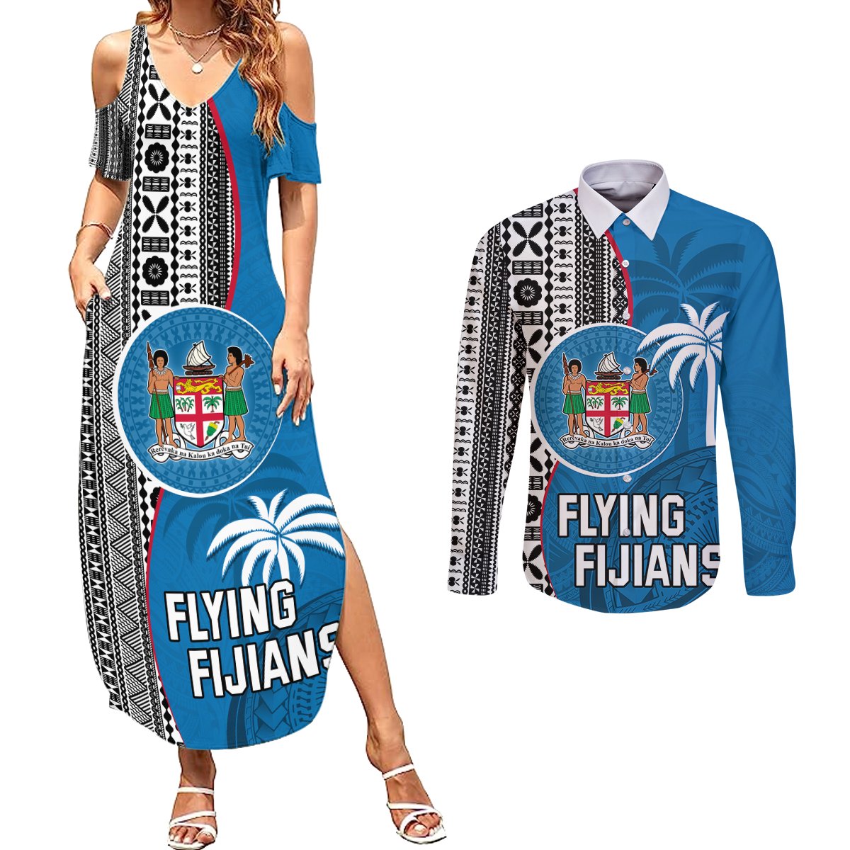 Custom Fiji Rugby Couples Matching Summer Maxi Dress and Long Sleeve Button Shirts Coat of Arms Palm Tree Mix Polynesia Tapa Pattern LT03 Blue - Polynesian Pride