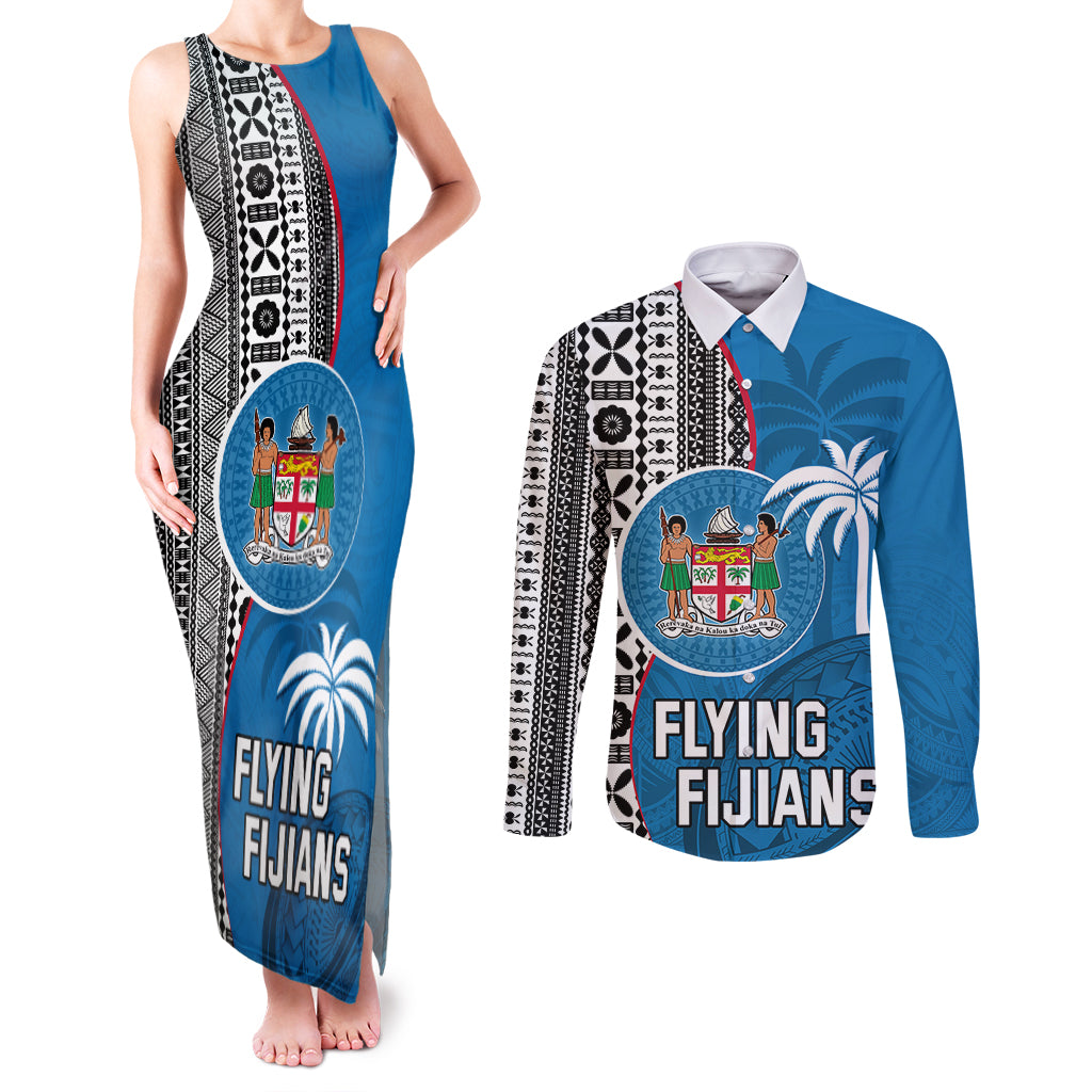Custom Fiji Rugby Couples Matching Tank Maxi Dress and Long Sleeve Button Shirts Coat of Arms Palm Tree Mix Polynesia Tapa Pattern LT03 Blue - Polynesian Pride