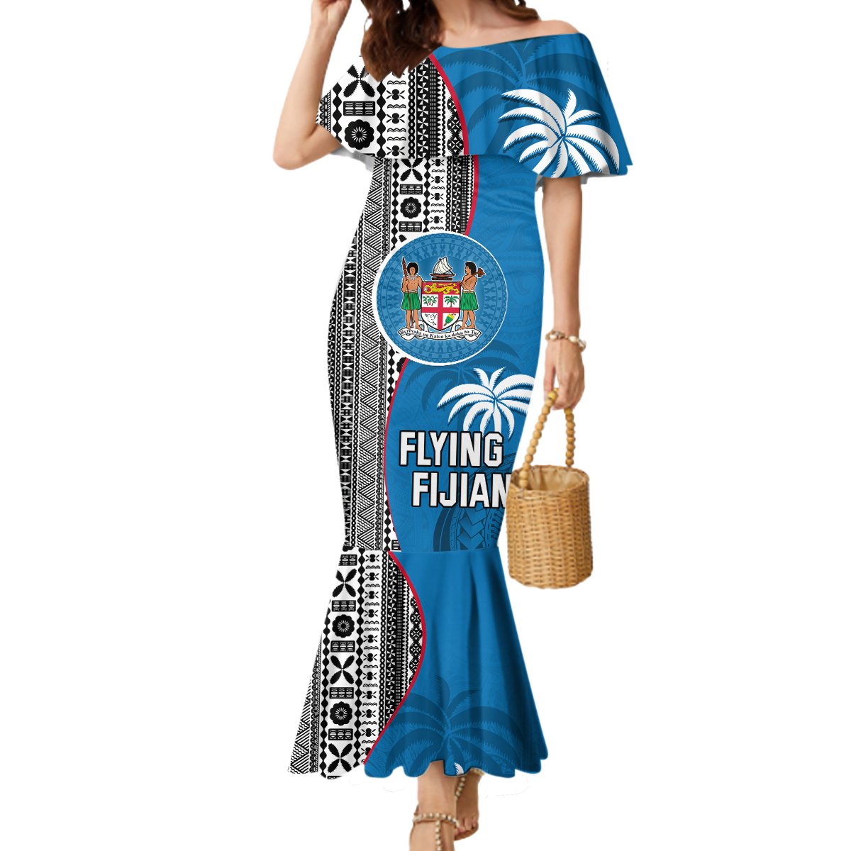 Custom Fiji Rugby Mermaid Dress Coat of Arms Palm Tree Mix Polynesia Tapa Pattern LT03 Women Blue - Polynesian Pride