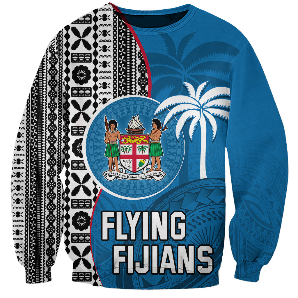 Custom Fiji Rugby Sweatshirt Coat of Arms Palm Tree Mix Polynesia Tapa Pattern LT03 Unisex Blue - Polynesian Pride