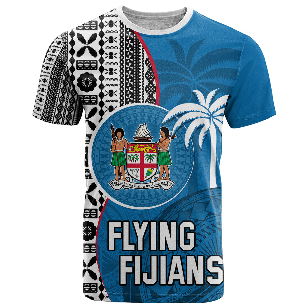 Custom Fiji Rugby T Shirt Coat of Arms Palm Tree Mix Polynesia Tapa Pattern LT03 Blue - Polynesian Pride