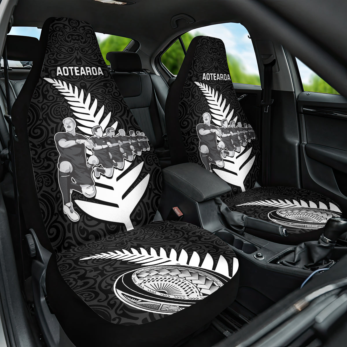 New Zealand World Cup 2023 Car Seat Cover Aotearoa Haka Rugby with Silver Fern Maori Ethnic Pattern LT03 One Size Black - Polynesian Pride