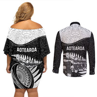 New Zealand World Cup 2023 Couples Matching Off Shoulder Short Dress and Long Sleeve Button Shirt Aotearoa Haka Rugby with Silver Fern Maori Ethnic Pattern LT03 - Polynesian Pride