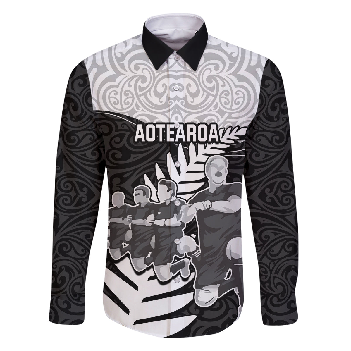 New Zealand World Cup 2023 Family Matching Mermaid Dress and Hawaiian Shirt Aotearoa Haka Rugby with Silver Fern Maori Ethnic Pattern LT03 Dad's Shirt - Long Sleeve Black - Polynesian Pride
