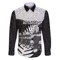 New Zealand World Cup 2023 Family Matching Off Shoulder Long Sleeve Dress and Hawaiian Shirt Aotearoa Haka Rugby with Silver Fern Maori Ethnic Pattern LT03 Dad's Shirt - Long Sleeve Black - Polynesian Pride