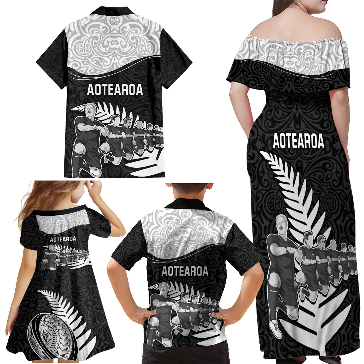 New Zealand World Cup 2023 Family Matching Off Shoulder Maxi Dress and Hawaiian Shirt Aotearoa Haka Rugby with Silver Fern Maori Ethnic Pattern LT03 - Polynesian Pride