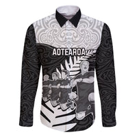 New Zealand World Cup 2023 Family Matching Summer Maxi Dress and Hawaiian Shirt Aotearoa Haka Rugby with Silver Fern Maori Ethnic Pattern LT03 Dad's Shirt - Long Sleeve Black - Polynesian Pride