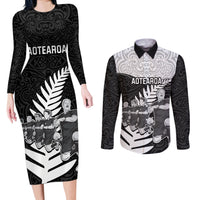 Custom New Zealand World Cup 2023 Couples Matching Long Sleeve Bodycon Dress and Long Sleeve Button Shirt Aotearoa Haka Rugby with Silver Fern Maori Ethnic Pattern LT03 Black - Polynesian Pride