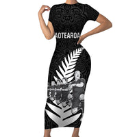 Custom New Zealand World Cup 2023 Family Matching Short Sleeve Bodycon Dress and Hawaiian Shirt Aotearoa Haka Rugby with Silver Fern Maori Ethnic Pattern LT03 Mom's Dress Black - Polynesian Pride