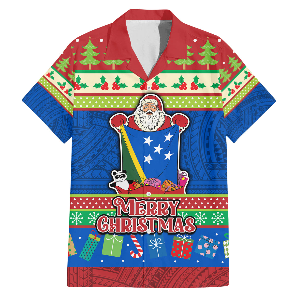 Solomon Islands Christmas Family Matching Mermaid Dress and Hawaiian Shirt Santa With Flag Of Solomon Polynesian Tribal Xmas Vibe LT03 Dad's Shirt - Short Sleeve Blue - Polynesian Pride