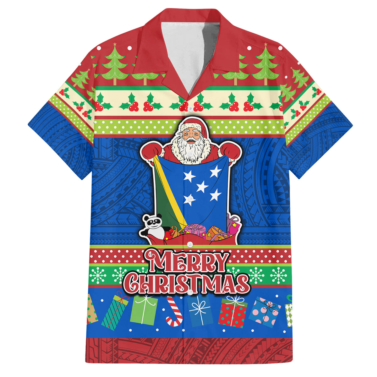 Solomon Islands Christmas Family Matching Off Shoulder Short Dress and Hawaiian Shirt Santa With Flag Of Solomon Polynesian Tribal Xmas Vibe LT03 Dad's Shirt - Short Sleeve Blue - Polynesian Pride