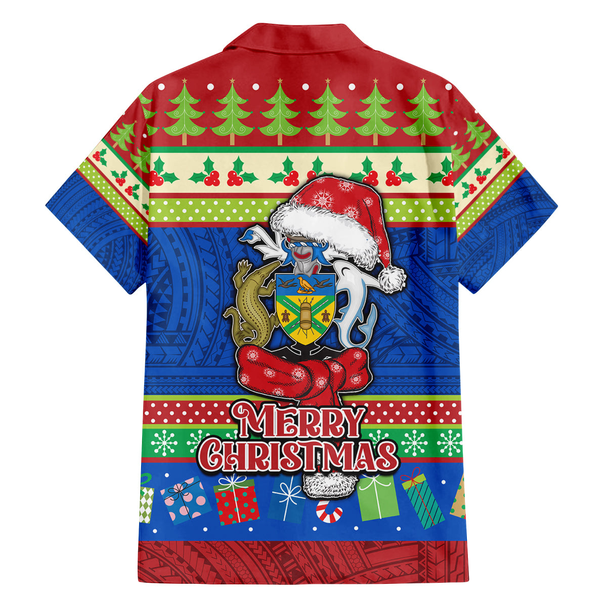 Solomon Islands Christmas Family Matching Off Shoulder Short Dress and Hawaiian Shirt Santa With Flag Of Solomon Polynesian Tribal Xmas Vibe LT03 - Polynesian Pride