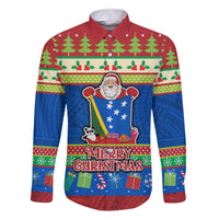 Solomon Islands Christmas Family Matching Off Shoulder Short Dress and Hawaiian Shirt Santa With Flag Of Solomon Polynesian Tribal Xmas Vibe LT03 Dad's Shirt - Long Sleeve Blue - Polynesian Pride