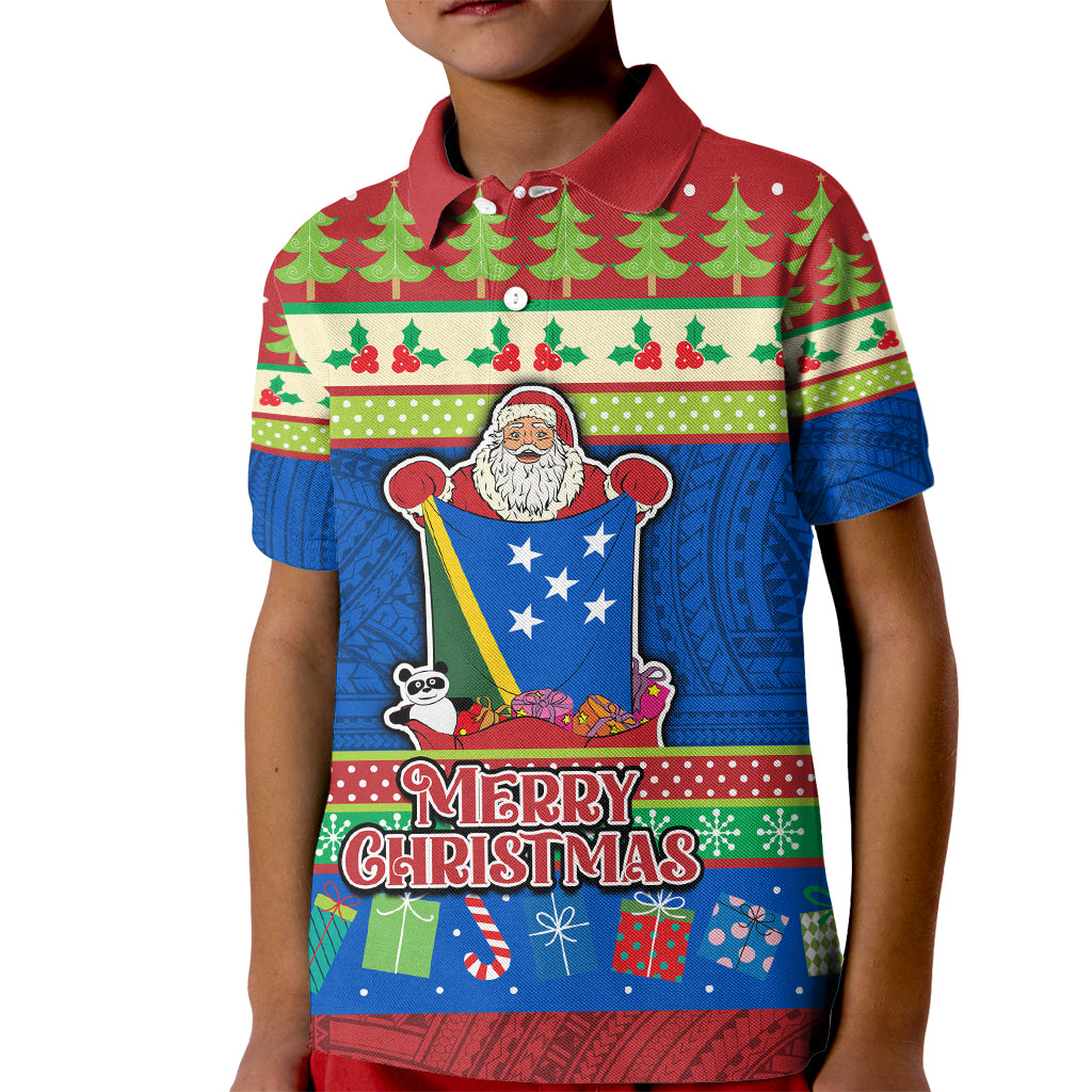 Solomon Islands Christmas Kid Polo Shirt Santa With Flag Of Solomon Polynesian Tribal Xmas Vibe LT03 Kid Blue - Polynesian Pride