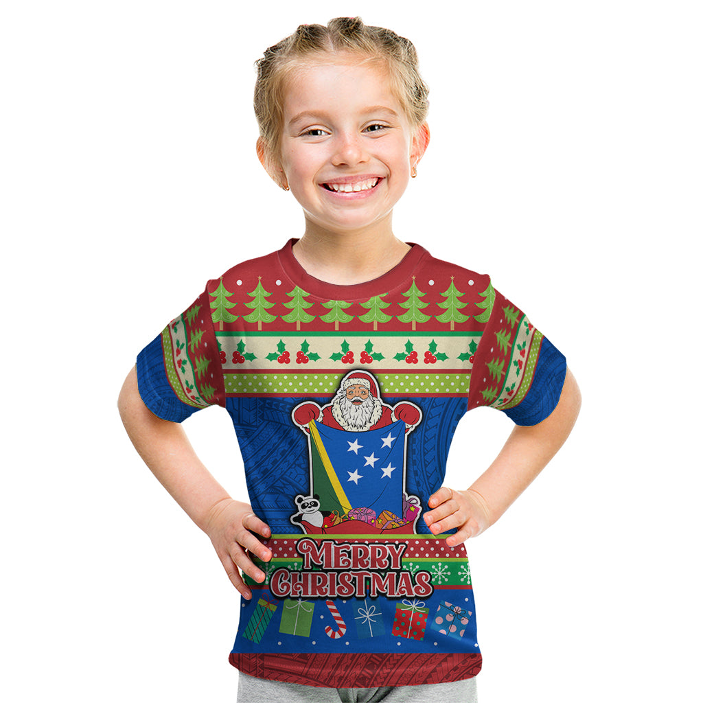 Solomon Islands Christmas Kid T Shirt Santa With Flag Of Solomon Polynesian Tribal Xmas Vibe LT03 Blue - Polynesian Pride