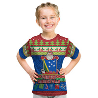 Solomon Islands Christmas Kid T Shirt Santa With Flag Of Solomon Polynesian Tribal Xmas Vibe LT03 Blue - Polynesian Pride