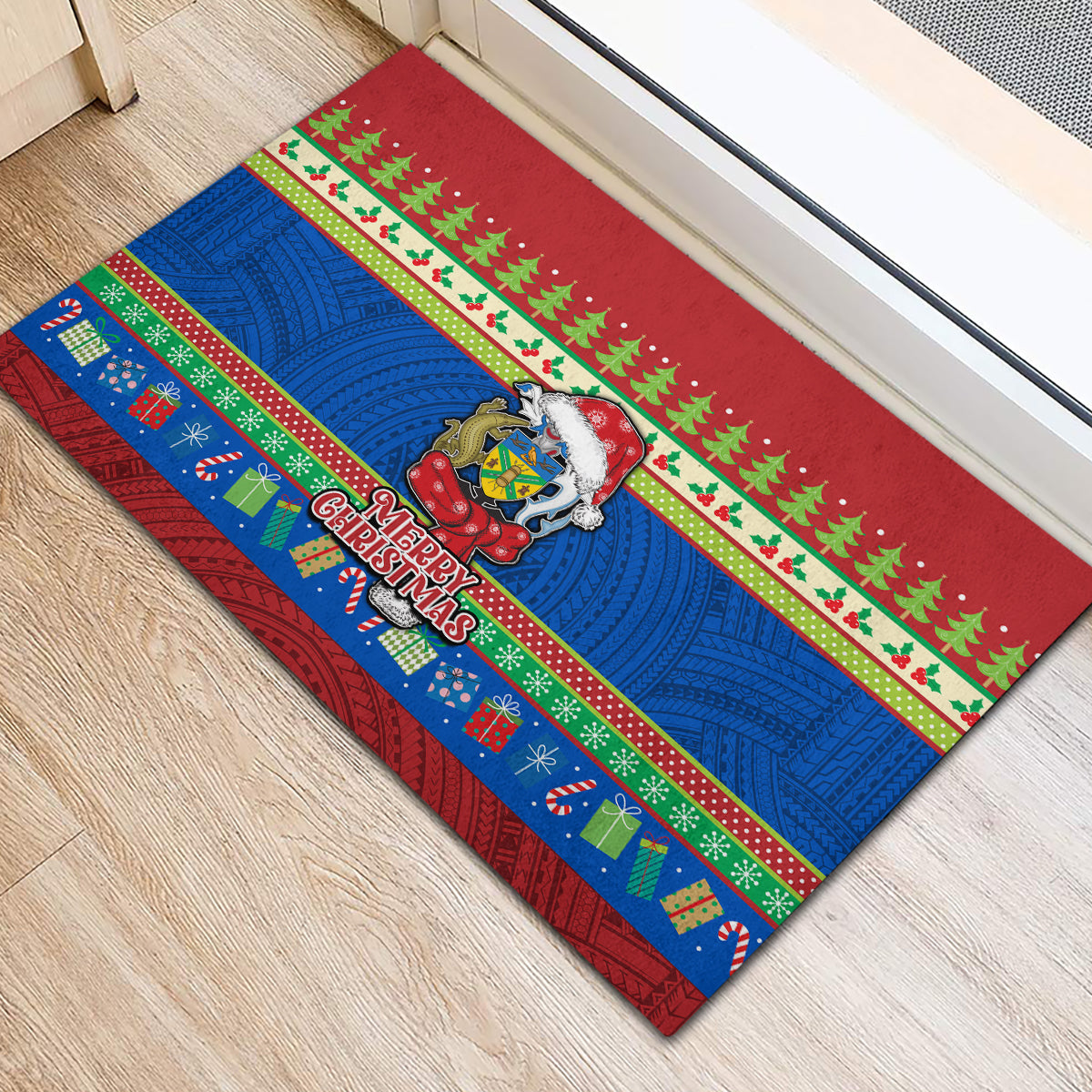 Solomon Islands Christmas Rubber Doormat Santa With Flag Of Solomon Polynesian Tribal Xmas Vibe LT03 - Polynesian Pride