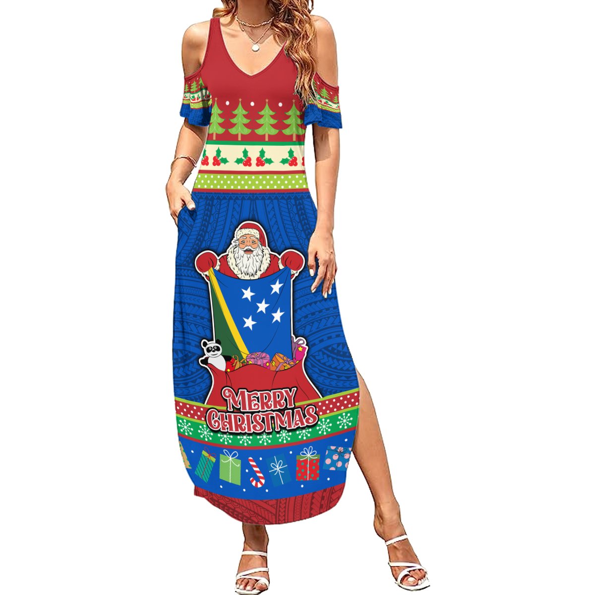 Solomon Islands Christmas Summer Maxi Dress Santa With Flag Of Solomon Solomon Islands Christmas Summer Maxi Dress Santa With Flag Of Solomon