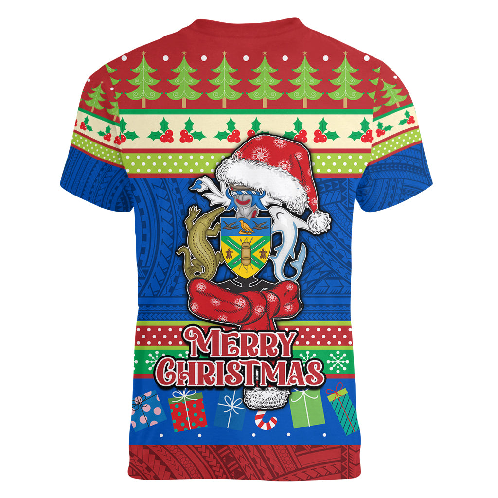 Solomon Islands Christmas Women V Neck T Shirt Santa With Flag Of Solomon Polynesian Tribal Xmas Vibe LT03 - Polynesian Pride